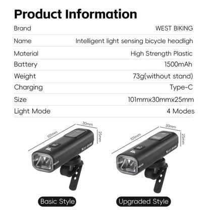 WEST BIKING Bicycle Waterproof TYPE-C Rechargeable High-Brightness Headlight, Regular, Digital Battery Display