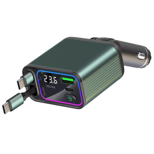 Chargeur de voiture avec double câble rétractable à rangement automatique, lumière ambiante, affichage de la tension, Type-C+Type-C, Type-C+8 broches
