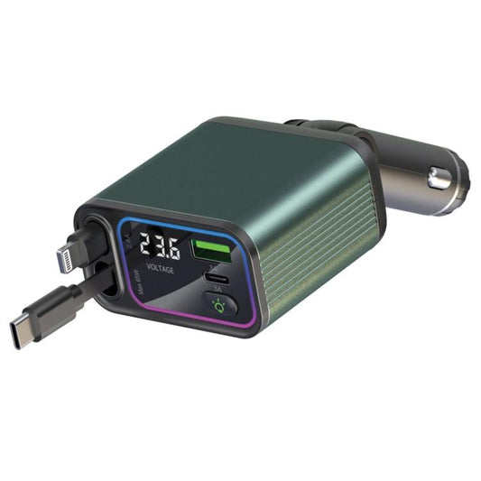 Chargeur de voiture avec double câble rétractable à rangement automatique, lumière ambiante, affichage de la tension, Type-C+Type-C, Type-C+8 broches