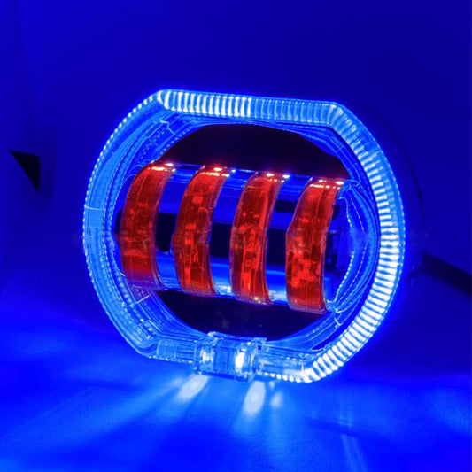 Motorcycle Electric Vehicle General Modification LED Headlight 4 Beads Double Lens Lamps, Blue Aperture+Red Devil Eye, Ice Blue Aperture+Red Devil Eye, Green Aperture+Red Devil Eye, Yellow Aperture+Red Devil Eye, White Aperture+Blue Devil Eye