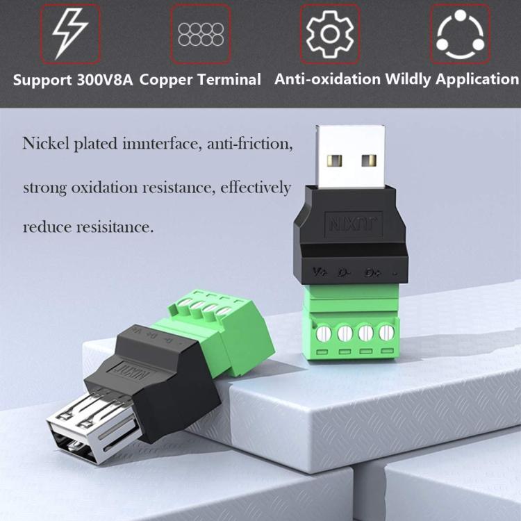JUXIN USB2.0 Plug Adapter Type-A to 4 Pin Screw Terminal Block Connector, Male, Female