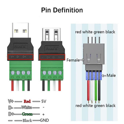 JUXIN USB2.0 Plug Adapter Type-A to 4 Pin Screw Terminal Block Connector, Male, Female