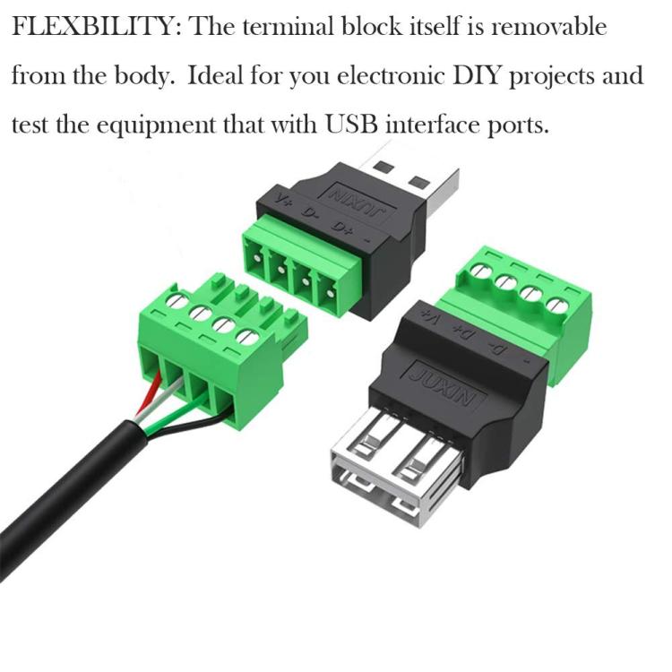 JUXIN USB2.0 Plug Adapter Type-A to 4 Pin Screw Terminal Block Connector, Male, Female