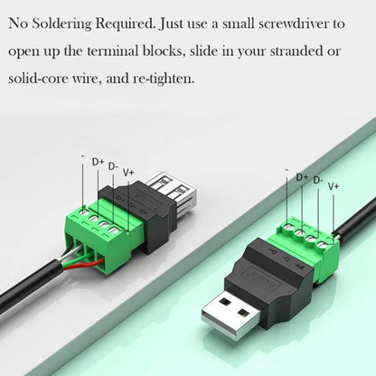 JUXIN USB2.0 Plug Adapter Type-A to 4 Pin Screw Terminal Block Connector, Male, Female