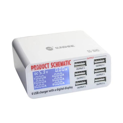 SUNSHINE SS-304D 6-Port USB Smart Charger Multi-Port Digital Display Fast Charging For Mobile Phone, US Plug, EU Plug