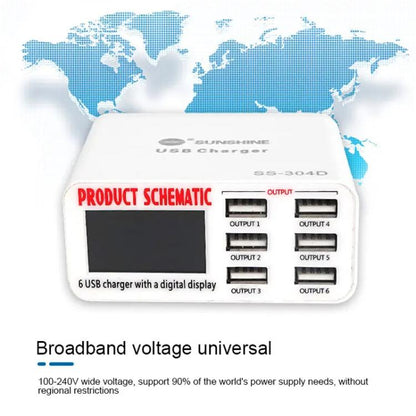 SUNSHINE SS-304D 6-Port USB Smart Charger Multi-Port Digital Display Fast Charging For Mobile Phone, US Plug, EU Plug