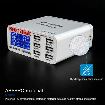 SUNSHINE SS-304D 6-Port USB Smart Charger Multi-Port Digital Display Fast Charging For Mobile Phone, US Plug, EU Plug