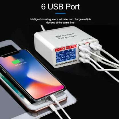 SUNSHINE SS-304D 6-Port USB Smart Charger Multi-Port Digital Display Fast Charging For Mobile Phone, US Plug, EU Plug