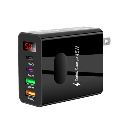 2 USB+2 Type-C Digital Display Mobile Phone Multi-port Charger, EU Plug Black, US Plug Black, UK Plug Black, EU Plug White, US Plug White, UK Plug White