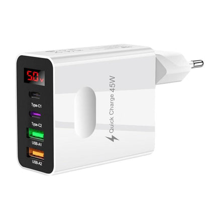 2 USB+2 Type-C Digital Display Mobile Phone Multi-port Charger, EU Plug Black, US Plug Black, UK Plug Black, EU Plug White, US Plug White, UK Plug White