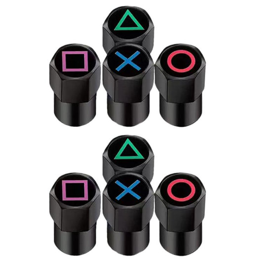 2 juegos de tapas de válvulas de aluminio para neumáticos de coche, con diseño gráfico, alfabeto y logotipo rojo y azul.