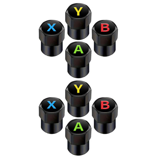 2 juegos de tapas de válvulas de aluminio para neumáticos de coche, con diseño gráfico, alfabeto y logotipo rojo y azul.