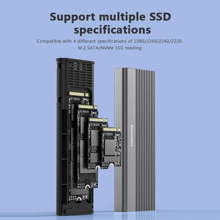Blueendless 2818SN M.2 Nvme / Sata Dual-protocol Mobile Hard Disk Box, with Type-C to USB-A Cable, with 2-in-1 Cable