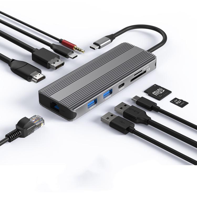 Station d'accueil multifonction Blueendless Type-C HD Gigabit avec réseau, 10-en-1 DP+HDMI double 8K, 10-en-1 double HDMI 8K+4K