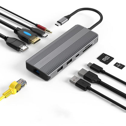 Station d'accueil multifonction Blueendless Type-C HD Gigabit avec réseau, 10-en-1 DP+HDMI double 8K, 10-en-1 double HDMI 8K+4K
