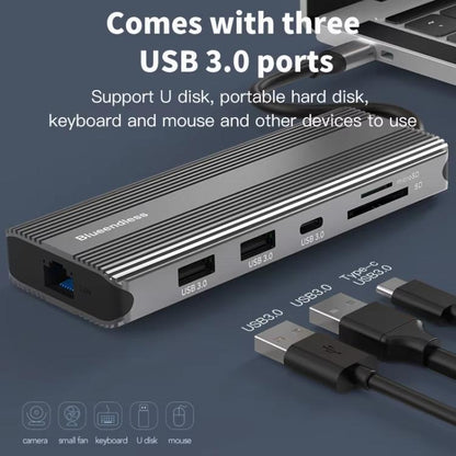 Station d'accueil multifonction Blueendless Type-C HD Gigabit avec réseau, 10-en-1 DP+HDMI double 8K, 10-en-1 double HDMI 8K+4K