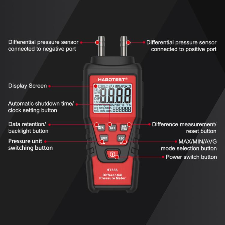 HABOTEST HT636 Highly Precision Differential Pressure Gauge Digital Micropressure Tester, HT636