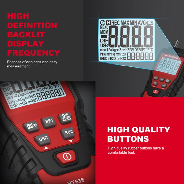HABOTEST HT636 Highly Precision Differential Pressure Gauge Digital Micropressure Tester, HT636