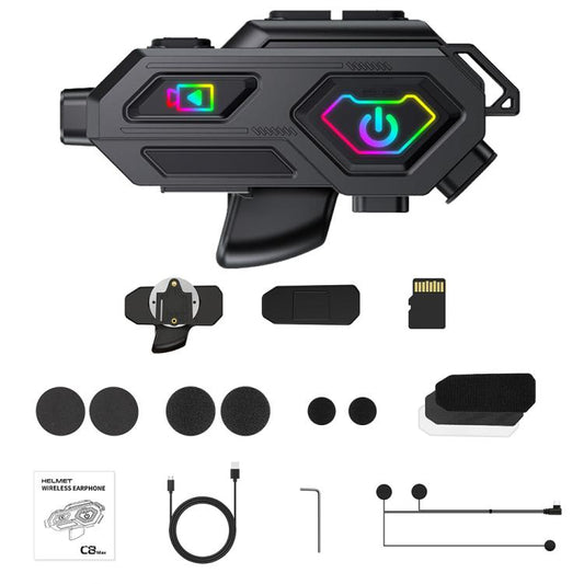 C8Max Motorcycle Intercom Video Helmet Bluetooth Headset HD Video Recorder, Soft Mic, Hard Mic, Soft and Hard Mics