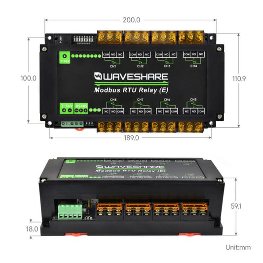 Waveshare Modbus RTU Protocol Rail-Mounted Case 8-Way RS485 30A High-Current Relay Module, 30459