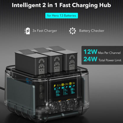 For GoPro HERO13 Black Super Fast Charger Dock Battery Charging Station With OLED Screen Display