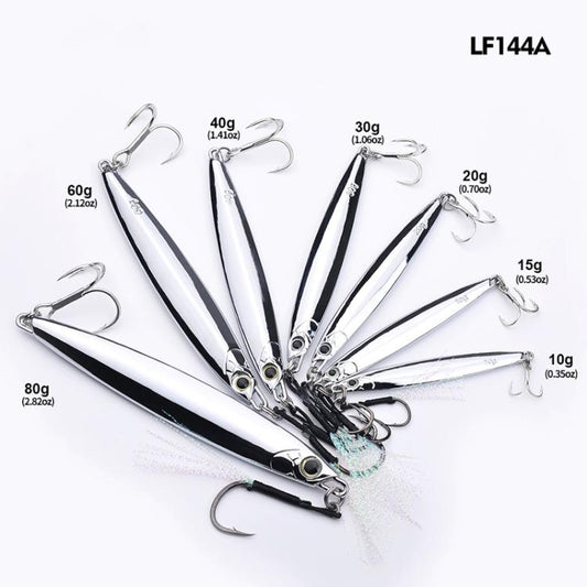 Señuelo PROBEROS LF144 de aleación de zinc para lances largos y rápidos, ideal para la pesca de caballa española. Disponible en tamaños de 15 g, 20 g, 30 g, 40 g, 60 g, 80 g y 10 g.