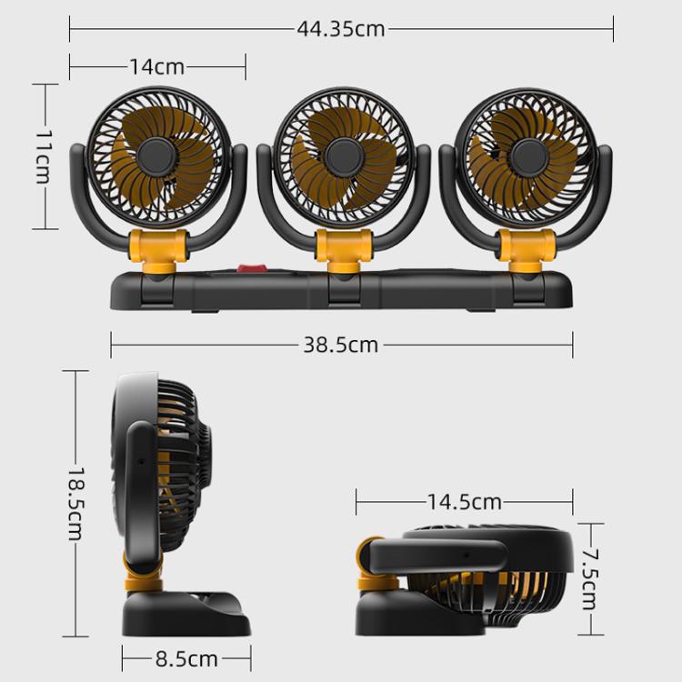 F4505 Ventilateur de voiture à triple tête rotative 3 voies pliable, port USB 5V, port allume-cigare 12V, port allume-cigare 24V