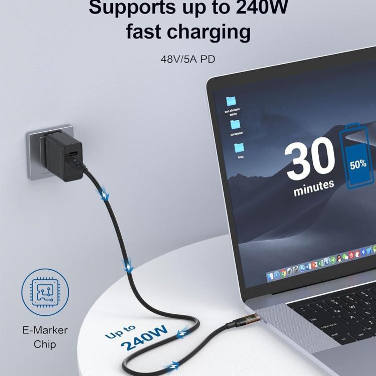 QGeeM USB4 Type-C PD 240W Fast Charging Cable With Digital Display, 40Gbps Data Transfer, 8K 60Hz Video Output For Laptop/Phone/Tablet, 1m