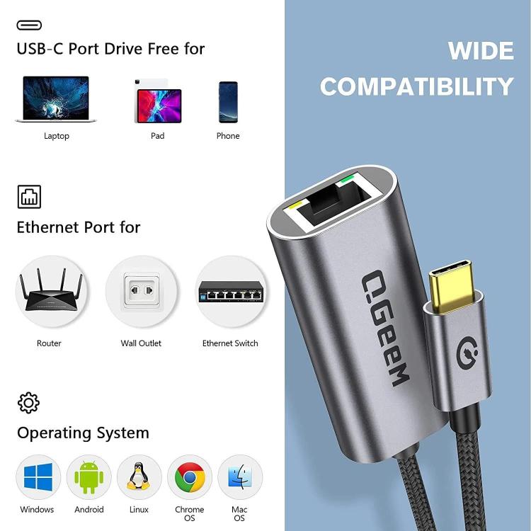 LAN Converter Gigabit Ethernet Adapter for Laptop, PC, Smartphone, Plug & Play Cable Length 15cm, QGeeM  USB-C/Type-C To RJ45, QGeeM  USB-A To RJ45