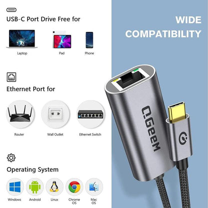 LAN Converter Gigabit Ethernet Adapter for Laptop, PC, Smartphone, Plug & Play Cable Length 15cm, QGeeM  USB-C/Type-C To RJ45, QGeeM  USB-A To RJ45