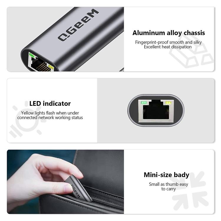 LAN Converter Gigabit Ethernet Adapter for Laptop, PC, Smartphone, Plug & Play Cable Length 15cm, QGeeM  USB-C/Type-C To RJ45, QGeeM  USB-A To RJ45