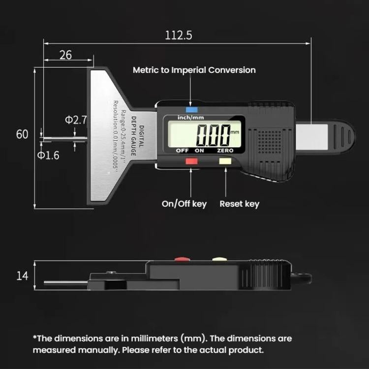Règle de mesure de profondeur numérique Syntek 0-25mm, jauge électronique de profondeur de pneu, noir, argent