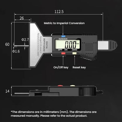 Règle de mesure de profondeur numérique Syntek 0-25mm, jauge électronique de profondeur de pneu, noir, argent