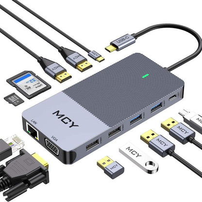 MCY 12-In-1 USB-C Hub With Triple Monitor Support (1000Mbps Lan+VGA+USB3.0/USB2.0+SD/TF+2 HDMI 4K 30Hz+85W PD）