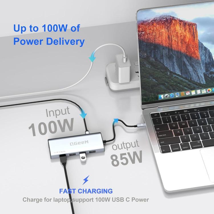 QGeeM 9 In 1 USB-C/Type-C Docking Station Hub RJ45+4K 30Hz HDMI+PD 85W+USB2.0/USB3.0+SD/TF, RJ45 Version