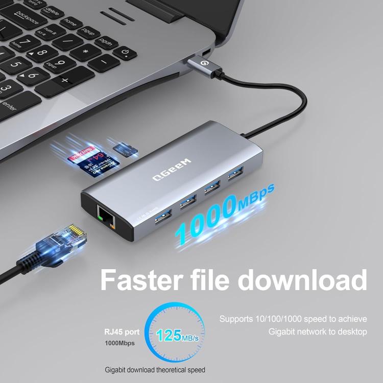 QGeeM 9 In 1 USB-C/Type-C Docking Station Hub RJ45+4K 30Hz HDMI+PD 85W+USB2.0/USB3.0+SD/TF, RJ45 Version