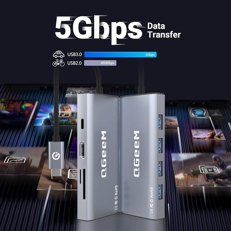 QGeeM 9 In 1 USB-C/Type-C Docking Station Hub RJ45+4K 30Hz HDMI+PD 85W+USB2.0/USB3.0+SD/TF, RJ45 Version