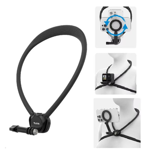 TELESIN Support de cou pour caméra d'action SE2.0 Support de perspective POV avec sangle de poitrine réglable, SE2.0 Noir, SE2.0 Gris