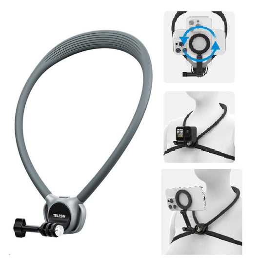 TELESIN Support de cou pour caméra d'action SE2.0 Support de perspective POV avec sangle de poitrine réglable, SE2.0 Noir, SE2.0 Gris