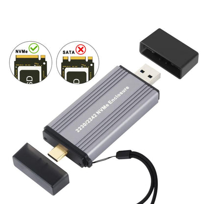10Gbps USB3.1 Gen2 NVMe Hard Drive Enclosure With Direct Plug USB + Type-C Dual Interface, M.2 NVMe, 2230/2242 NVMe, NVMe / SATA M.2
