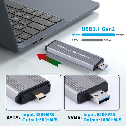 10Gbps USB3.1 Gen2 NVMe Hard Drive Enclosure With Direct Plug USB + Type-C Dual Interface, M.2 NVMe, 2230/2242 NVMe, NVMe / SATA M.2