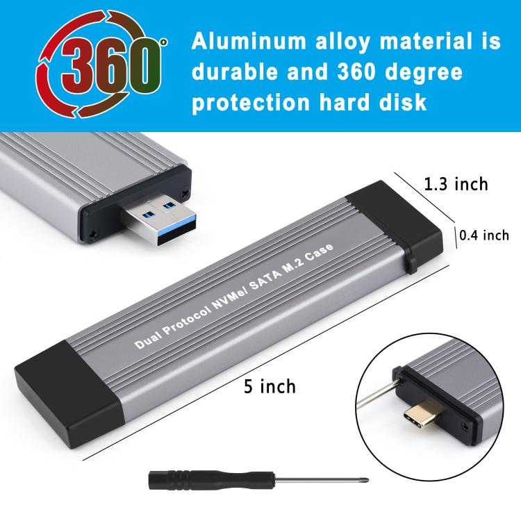 10Gbps USB3.1 Gen2 NVMe Hard Drive Enclosure With Direct Plug USB + Type-C Dual Interface, M.2 NVMe, 2230/2242 NVMe, NVMe / SATA M.2