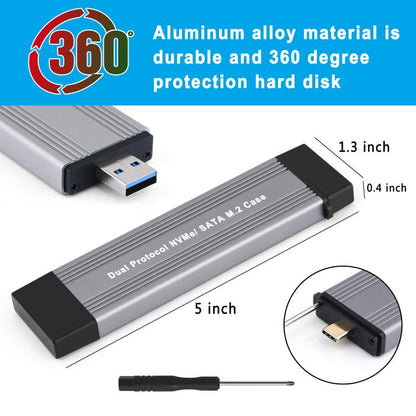 10Gbps USB3.1 Gen2 NVMe Hard Drive Enclosure With Direct Plug USB + Type-C Dual Interface, M.2 NVMe, 2230/2242 NVMe, NVMe / SATA M.2
