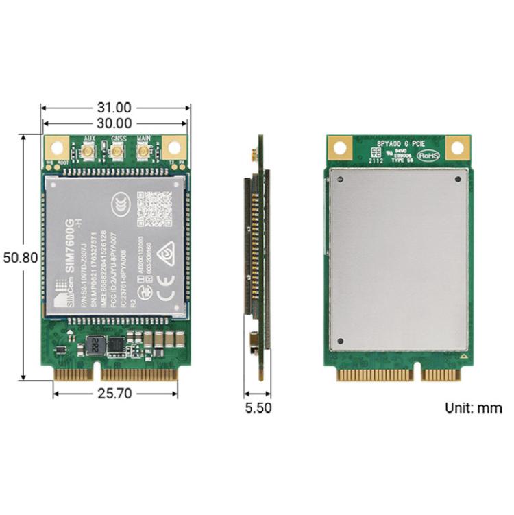 SIMCom SIM7600G-H-PCIE 4G LTE Cat-4 Module, Global Coverage, GNSS, Mini-PCIe Connector