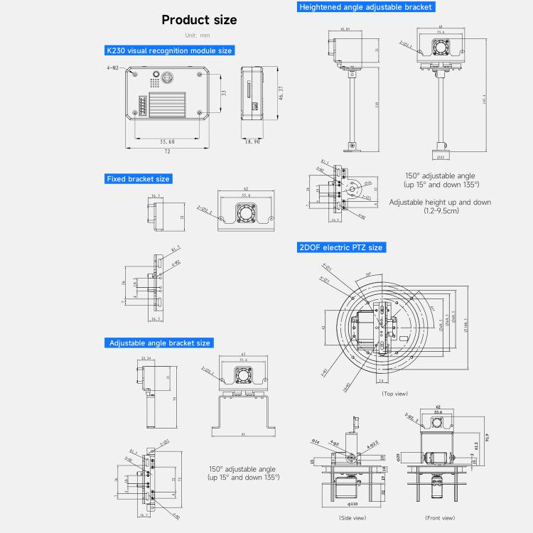 Yahboom K230 Vision Module With 2.4-Inch HD Touch Screen 32G TF Card, Separate K230, With Fixed Bracket, With Angle Adjustable Bracket, With Heightened Angle Adjustable Bracket, With 2DOF Electric PTZ