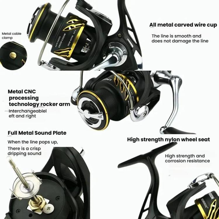 Zero-Gap Metal Spinning Fishing Reel 5.2:1 High-Speed Gear Ratio, YUMOSHI LP2000M, YUMOSHI LP3000M, YUMOSHI LP4000M, YUMOSHI LP5000M, YUMOSHI LP6000M, YUMOSHI LP7000M