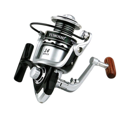 YUMOSHI Metal Spool Spinning Fishing Reel with 5.2:1 Gear Ratio, Foldable Handle & Wooden Grip, YUMOSHI  OE2000, YUMOSHI  OE3000, YUMOSHI OE4000, YUMOSHI OE5000, YUMOSHI OE6000, YUMOSHI OE7000