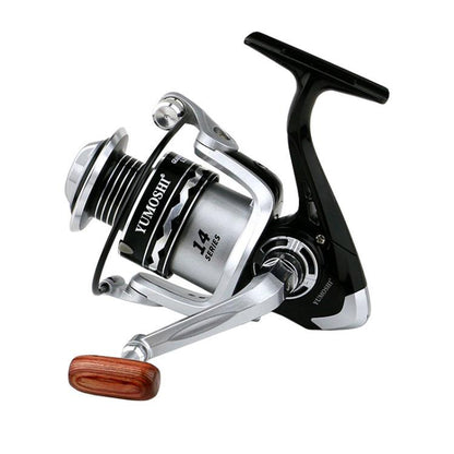 YUMOSHI Metal Spool Spinning Fishing Reel with 5.2:1 Gear Ratio, Foldable Handle & Wooden Grip, YUMOSHI  OE2000, YUMOSHI  OE3000, YUMOSHI OE4000, YUMOSHI OE5000, YUMOSHI OE6000, YUMOSHI OE7000