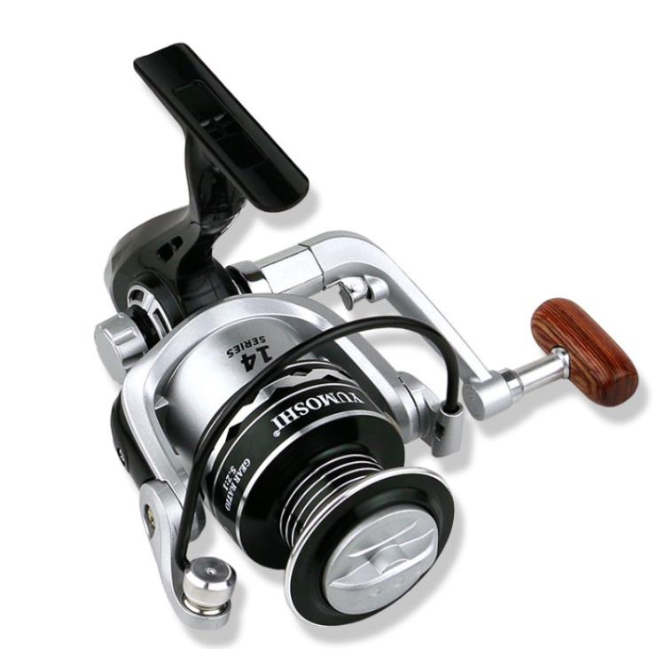 YUMOSHI Metal Spool Spinning Fishing Reel with 5.2:1 Gear Ratio, Foldable Handle & Wooden Grip, YUMOSHI  OE2000, YUMOSHI  OE3000, YUMOSHI OE4000, YUMOSHI OE5000, YUMOSHI OE6000, YUMOSHI OE7000