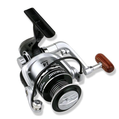 YUMOSHI Metal Spool Spinning Fishing Reel with 5.2:1 Gear Ratio, Foldable Handle & Wooden Grip, YUMOSHI  OE2000, YUMOSHI  OE3000, YUMOSHI OE4000, YUMOSHI OE5000, YUMOSHI OE6000, YUMOSHI OE7000